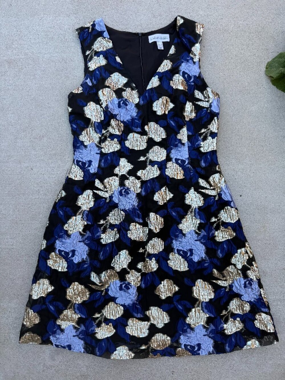 Badgley Mischka Blue & Gold Foil Floral Rose A-line Mini Dress Women's Size 6